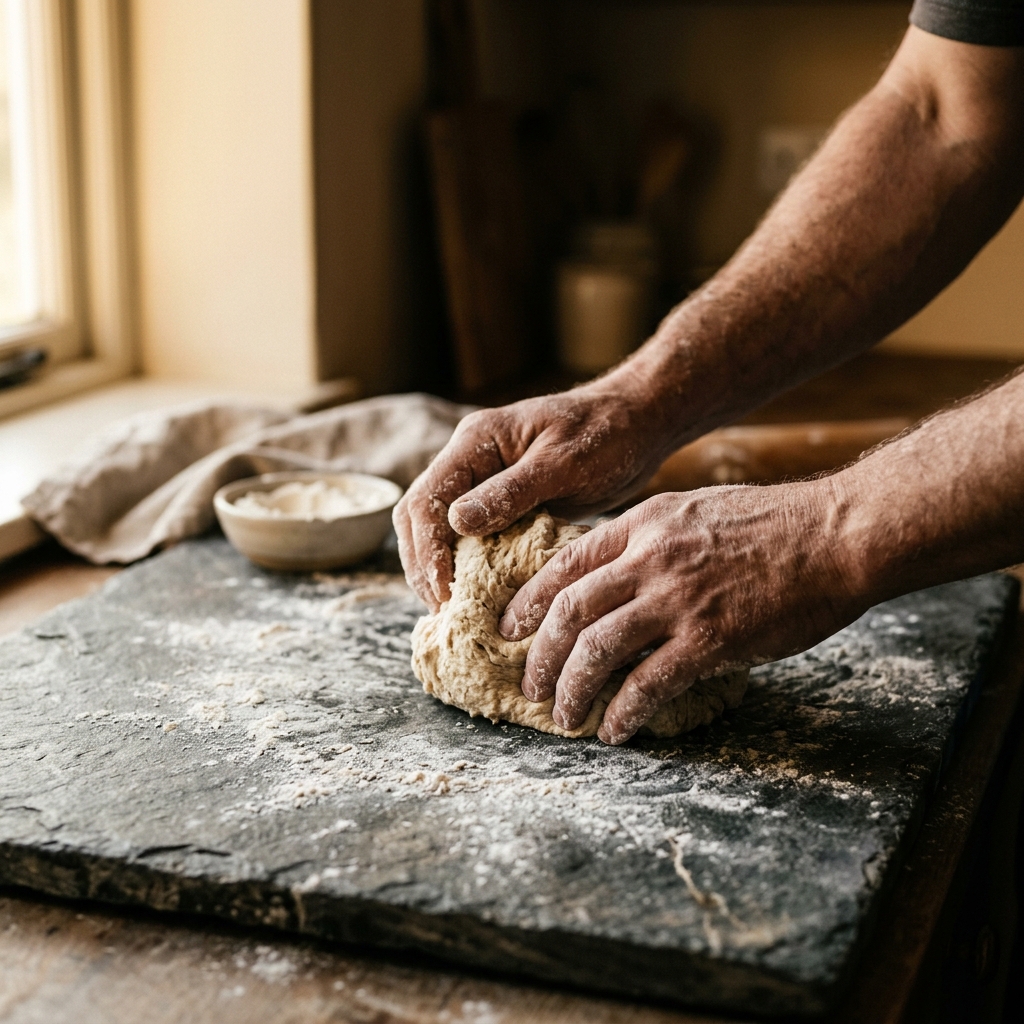 Pagnotta di pane rustico con crosta croccante e infarinata, calda di forno