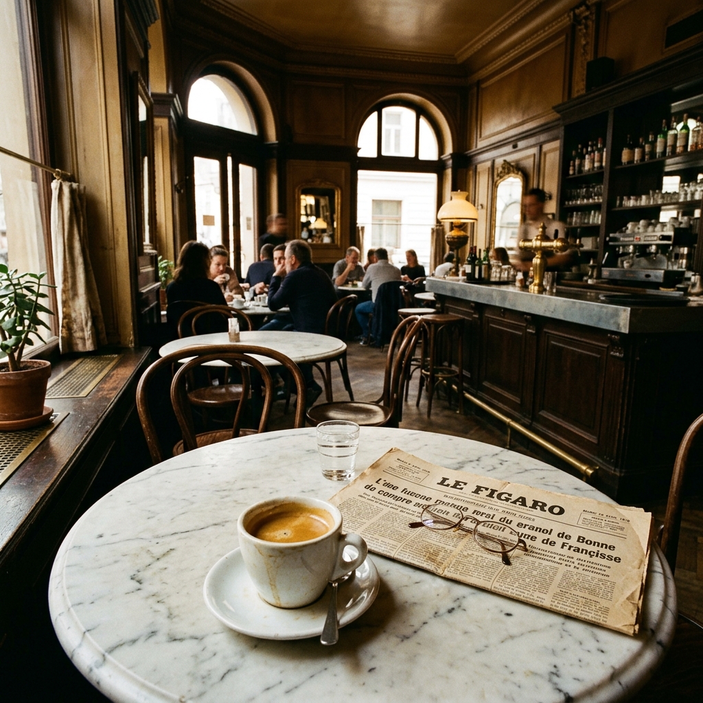 Tazzina di caffè espresso fumante tra chicchi tostati sparsi su legno scuro