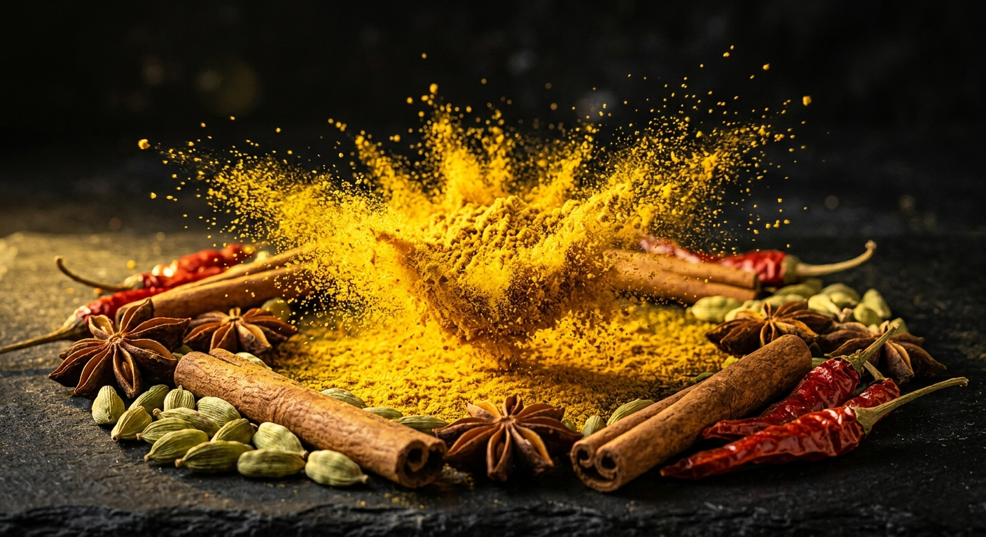Polvere di curry giallo intenso e spezie intere sparse, composizione luminosa