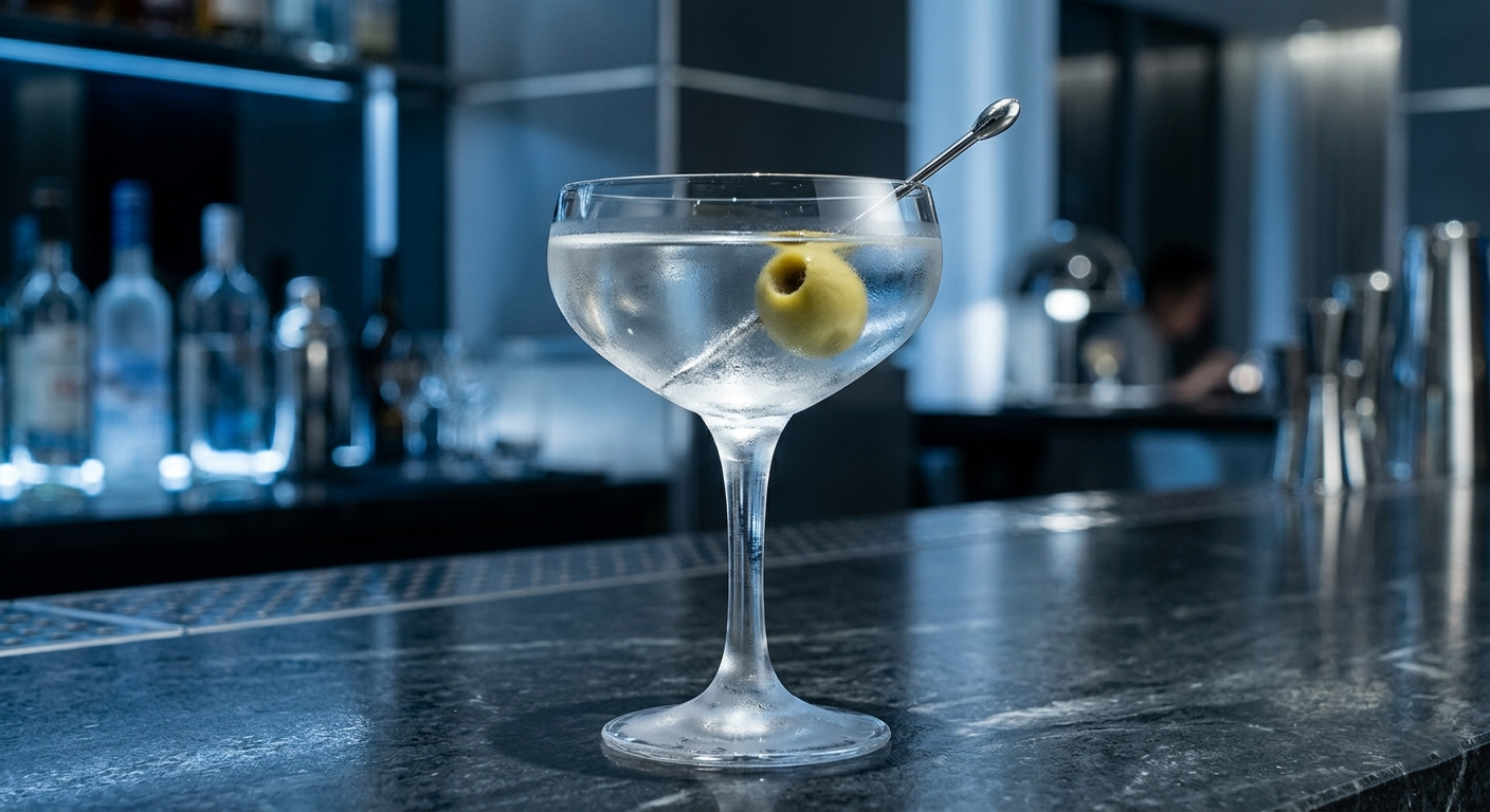 Cocktail Dry Martini in coppa ghiacciata con scorza di limone, atmosfera raffinata