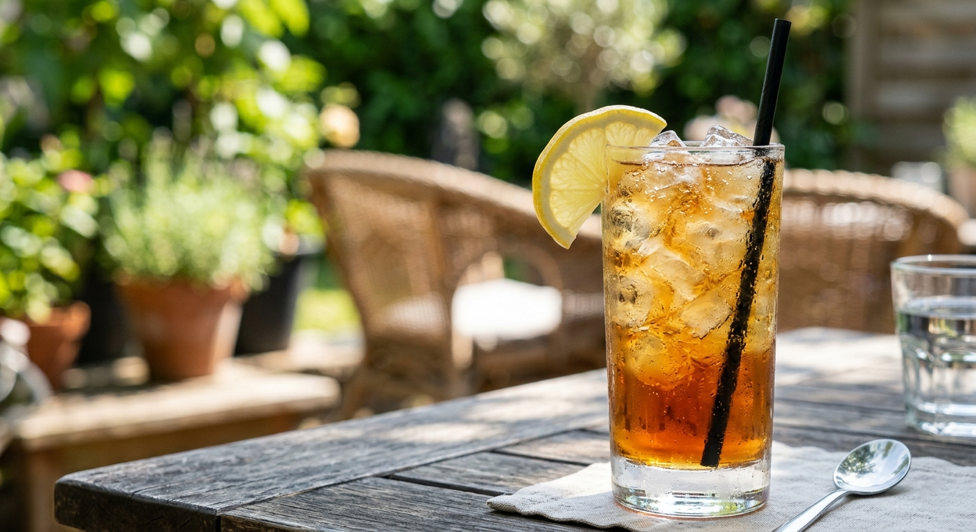 Cocktail Long Island Iced Tea scuro e rinfrescante con ghiaccio e fetta di limone