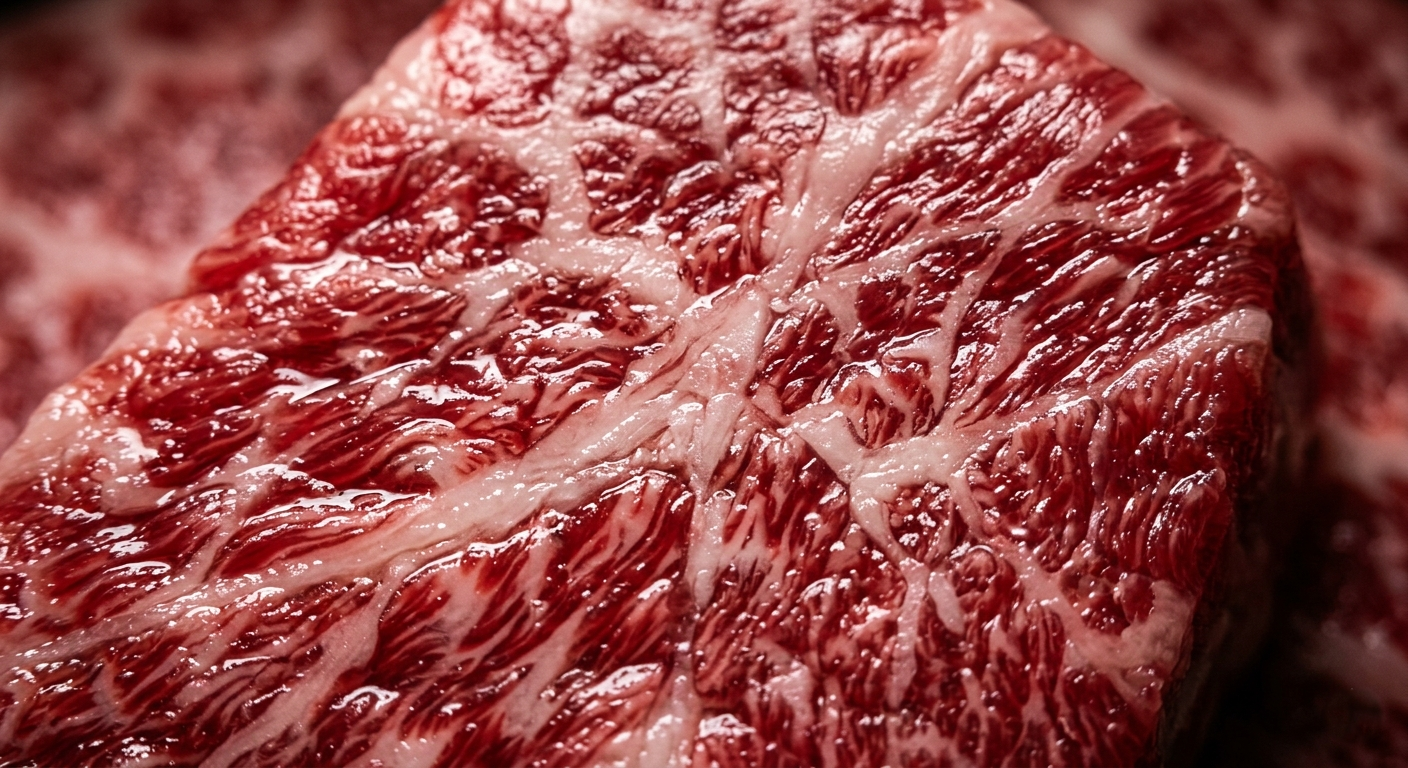 Dettaglio macro della marezzatura del grasso in una costata di manzo di alta qualità