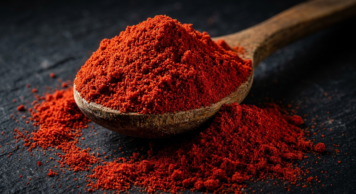 Spoonful di paprika rossa vermiglia che risalta su uno sfondo neutro