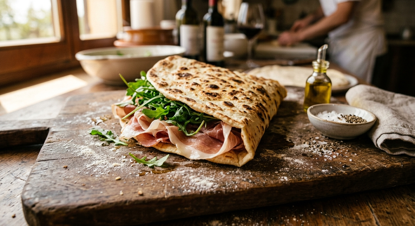 Piadina Romagnola ripiegata con prosciutto crudo e rucola, su tagliere rustico