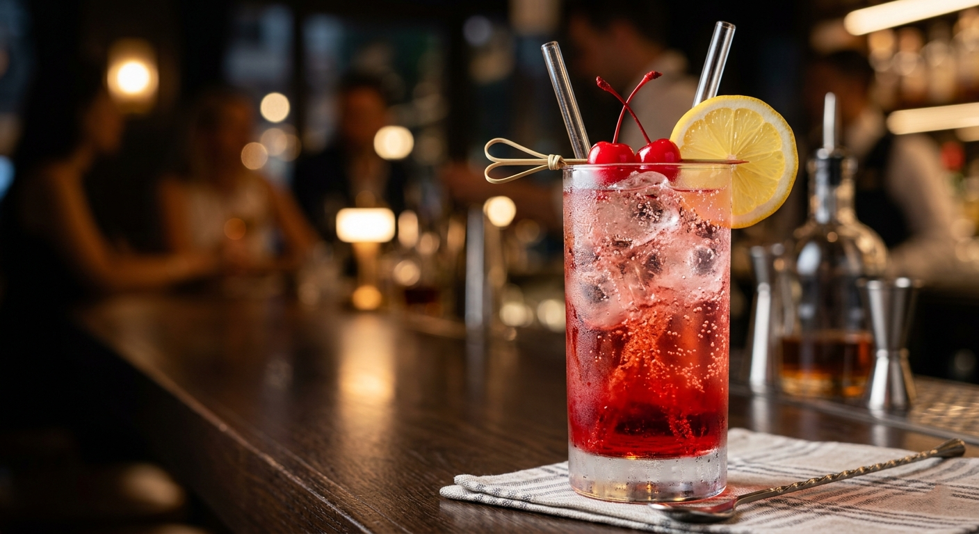 Mocktail Shirley Temple rosso vibrante con ciliegina, rinfrescante e sofisticato