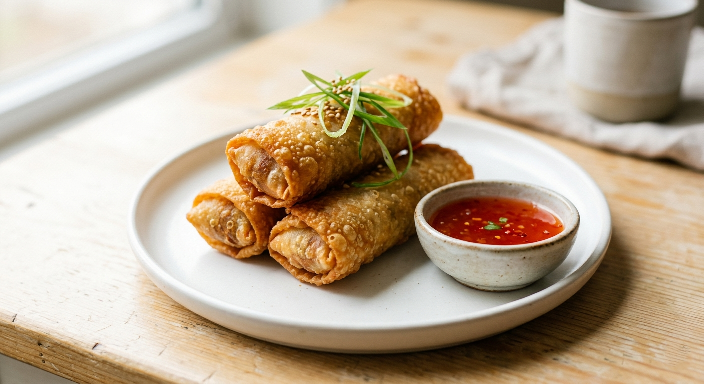 Involtini Primavera dorati e croccanti con salsa in ciotola, stile orientale