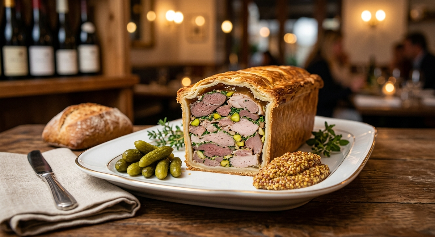 Terrina di carne gourmet con gelatina e decorazioni di erbe fresche, stile francese