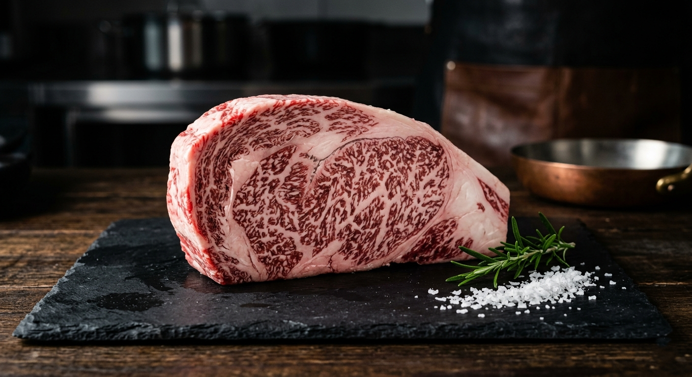 Primo piano di una bistecca Wagyu cruda con eccezionale marezzatura, su fondo scuro elegante
