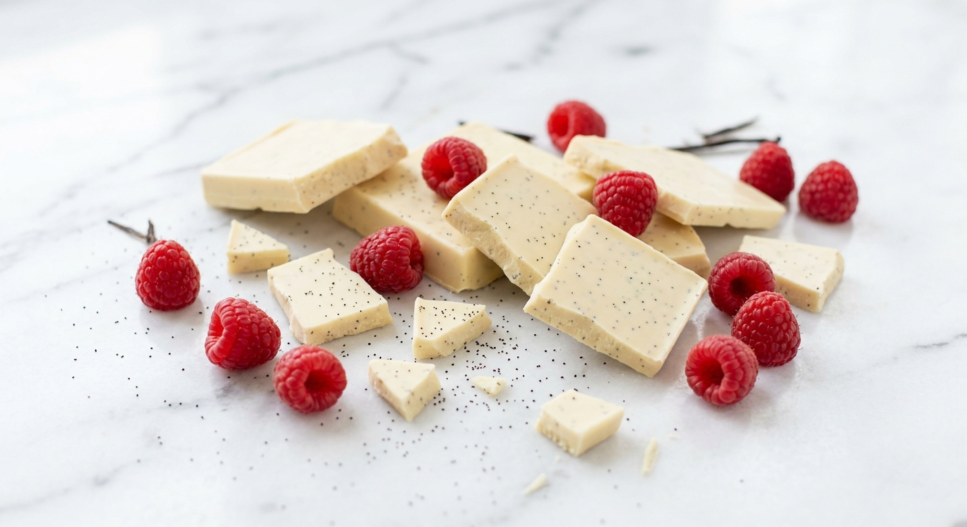 Pezzi di cioccolato bianco cremoso e vaniglia su marmo bianco