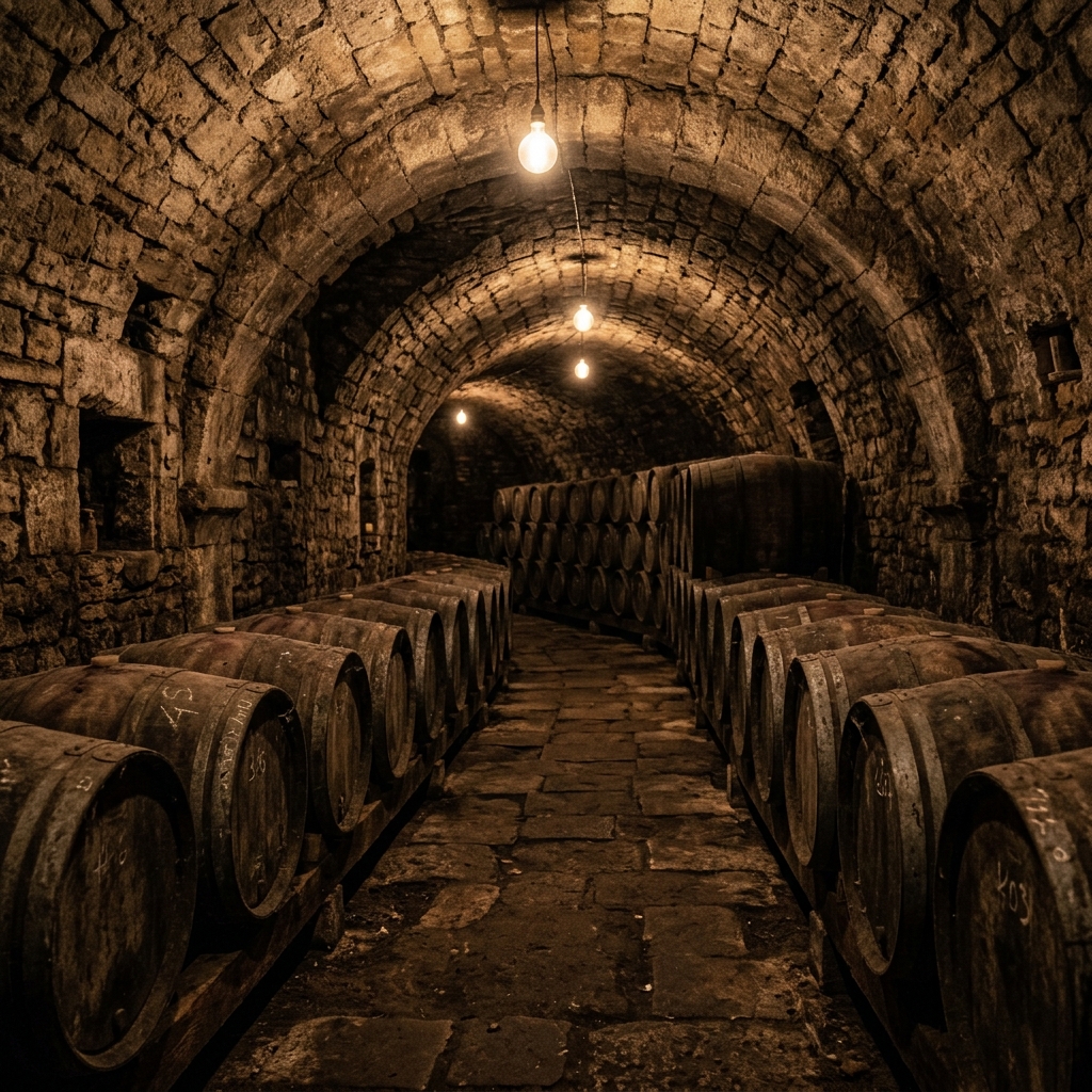Scaffali di legno carichi di bottiglie di vino in una vecchia cantina polverosa e buia